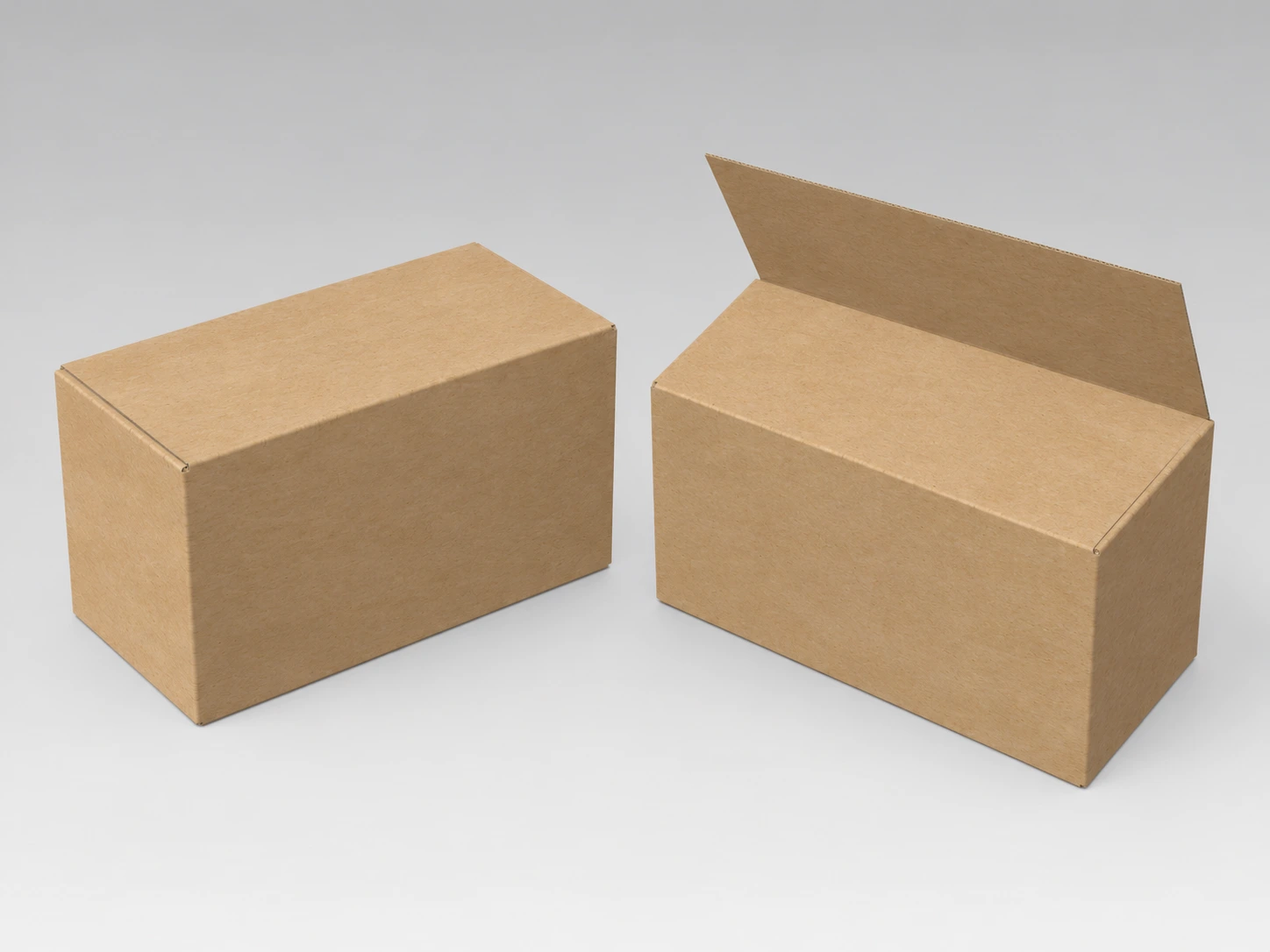 Unprinted kraft full-overlap carton, closed and open comparison
