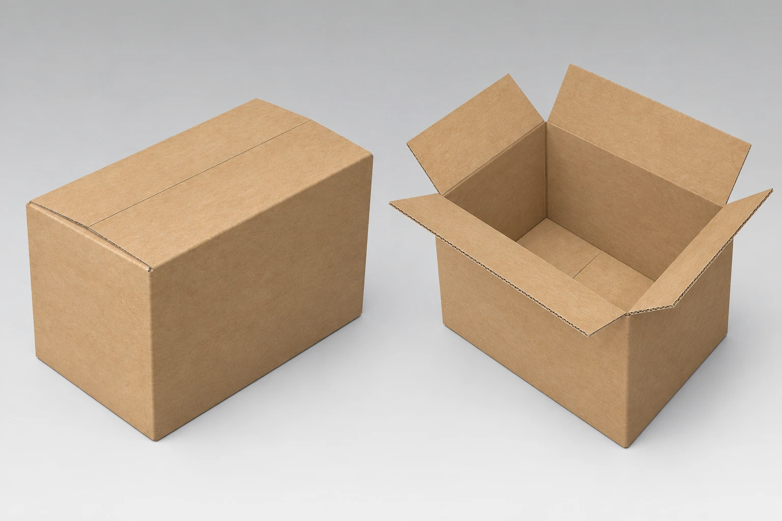 Unprinted kraft regular slotted carton, closed and open comparison