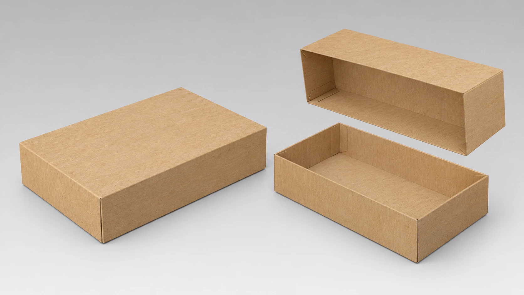 Unprinted kraft lid-and-base shipping box, closed and open comparison
