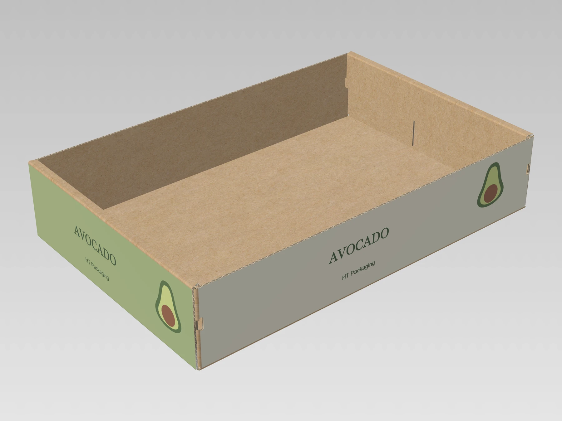 Side-lock tray, assembled, avocado-printed exterior, small HT Packaging text and plain kraft interior