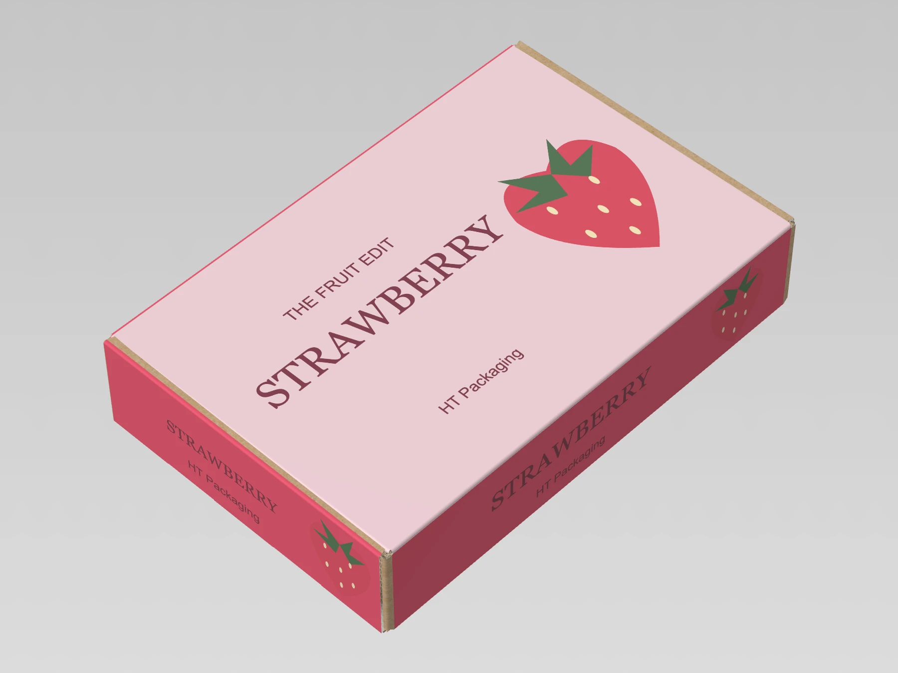 Hinged mailer box, assembled, strawberry-printed exterior, small HT Packaging text and plain kraft interior