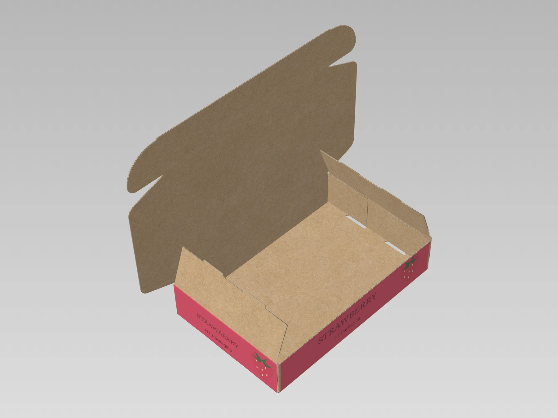Hinged mailer box, partially unfolded, strawberry-printed exterior, small HT Packaging text and plain kraft interior