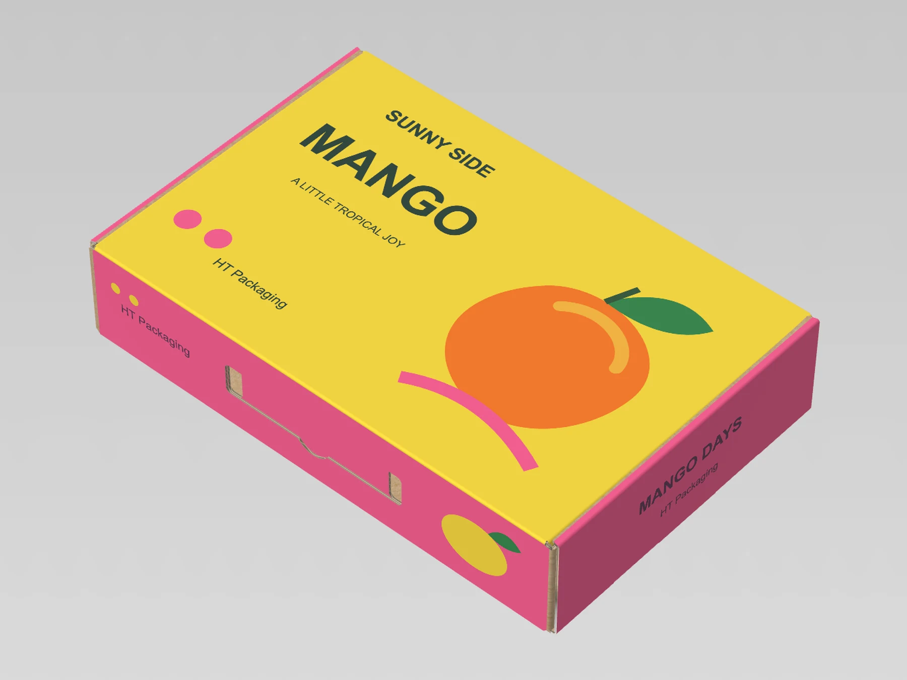 Carry-hole mailer, assembled, mango-printed exterior, small HT Packaging text and plain kraft interior