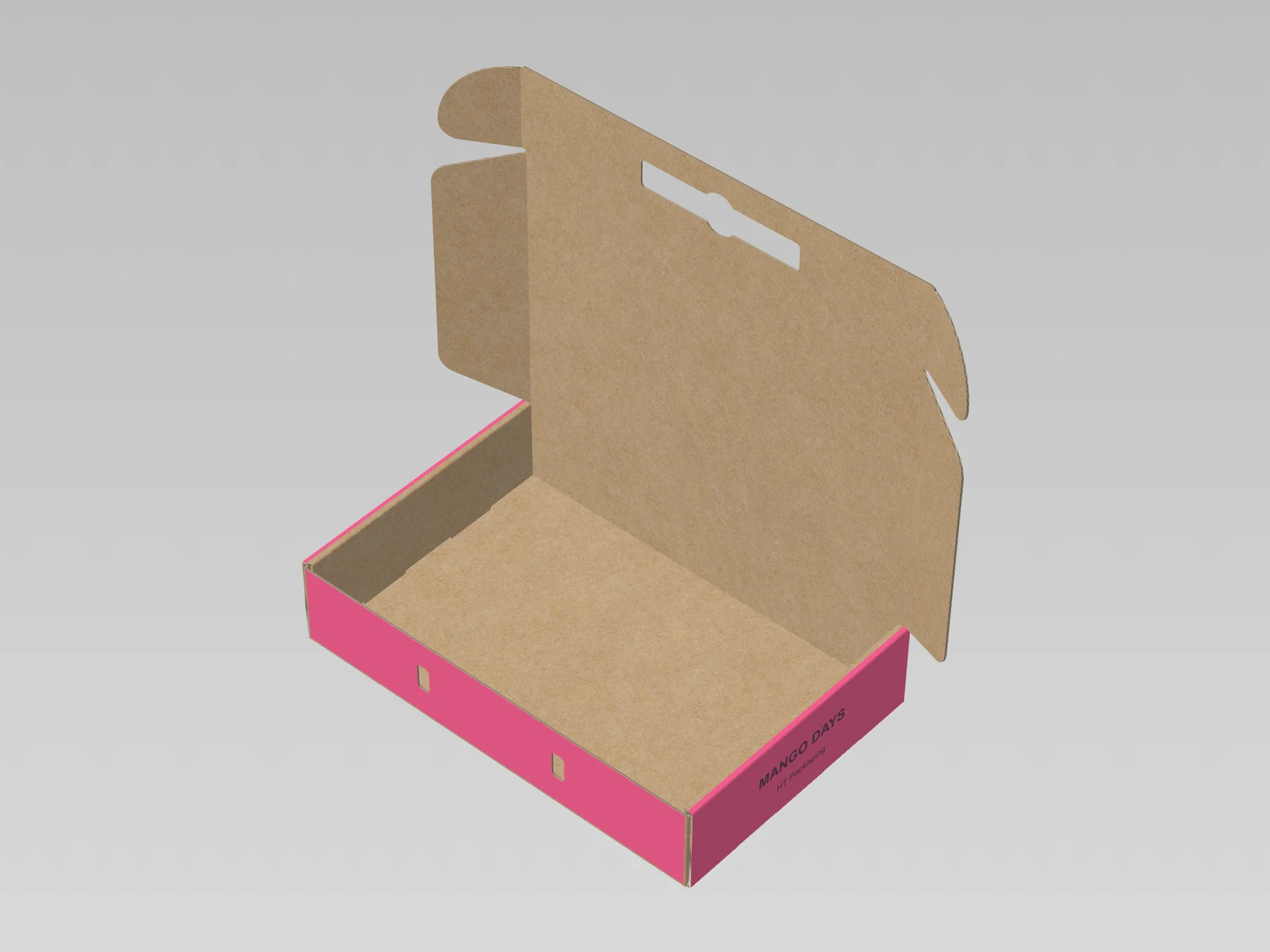 Carry-hole mailer, partially unfolded, mango-printed exterior, small HT Packaging text and plain kraft interior