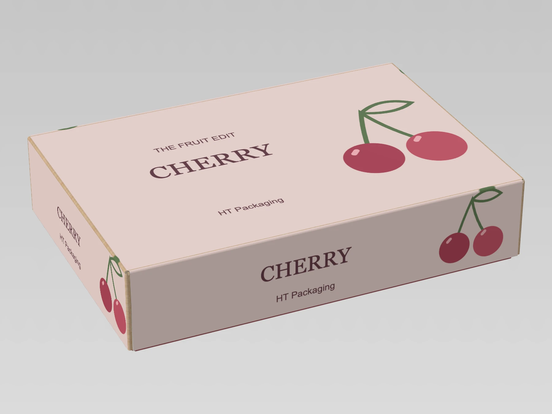Lid-and-base box, assembled, cherry-printed exterior, small HT Packaging text and plain kraft interior