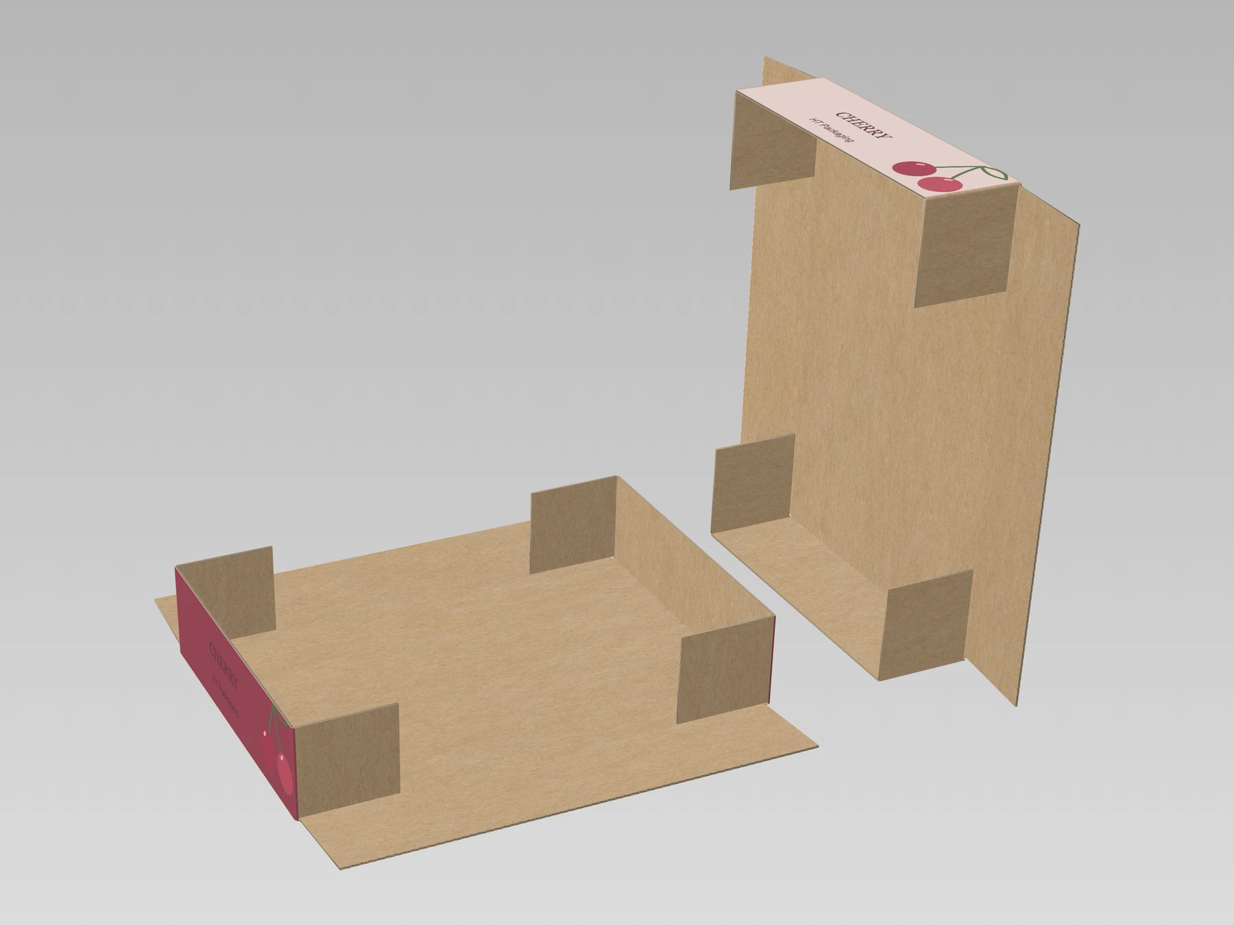 Lid-and-base box, partially unfolded, cherry-printed exterior, small HT Packaging text and plain kraft interior