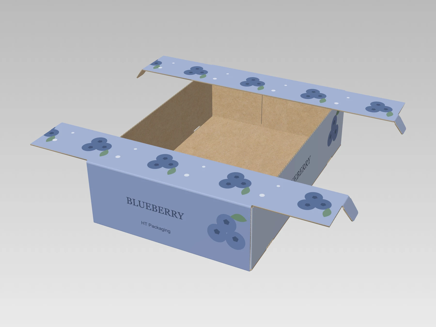 Wide-rim display tray, partially unfolded, blueberry-printed exterior, small HT Packaging text and plain kraft interior