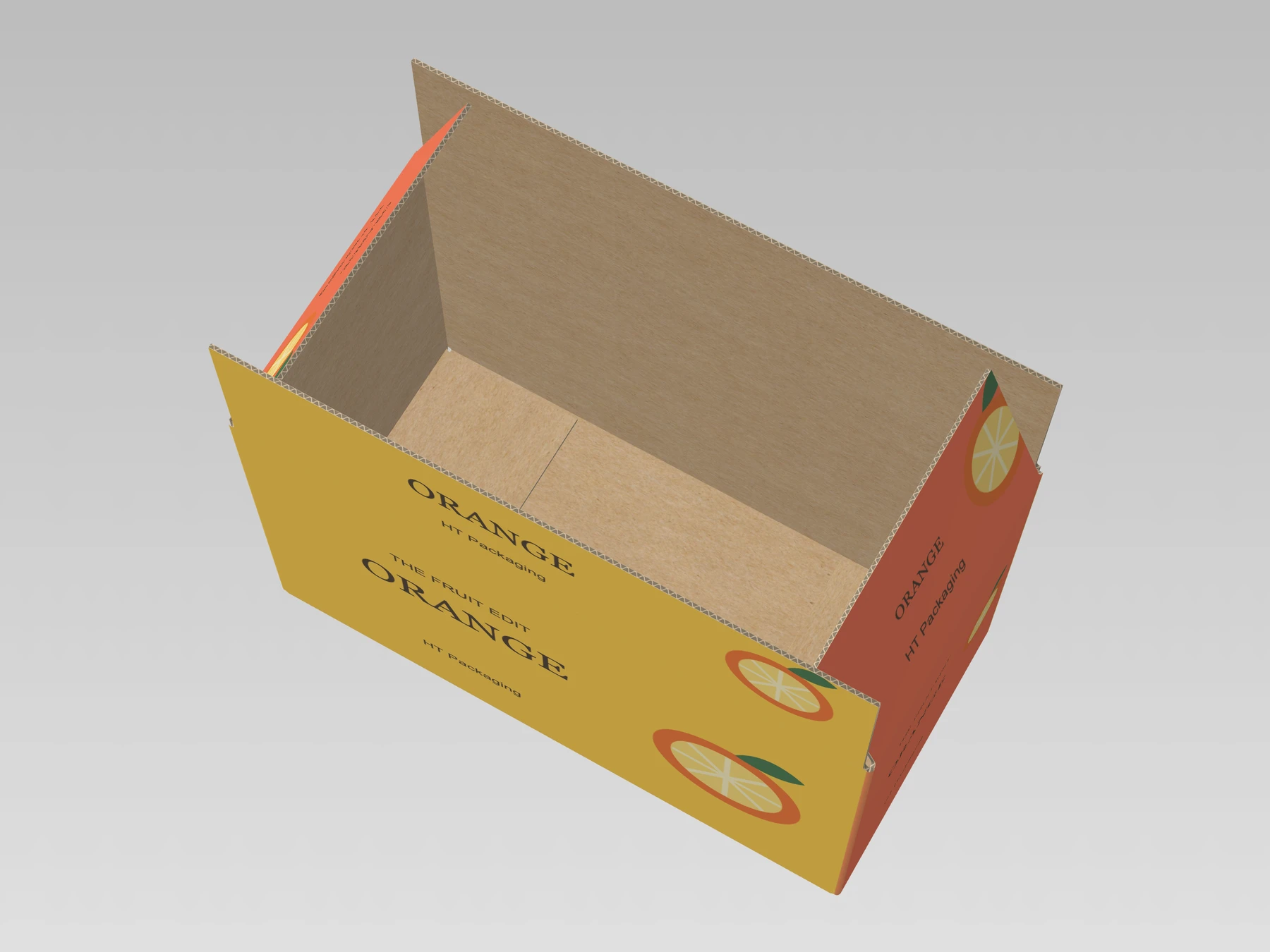 Regular slotted carton, partially unfolded, orange-printed exterior, small HT Packaging text and plain kraft interior
