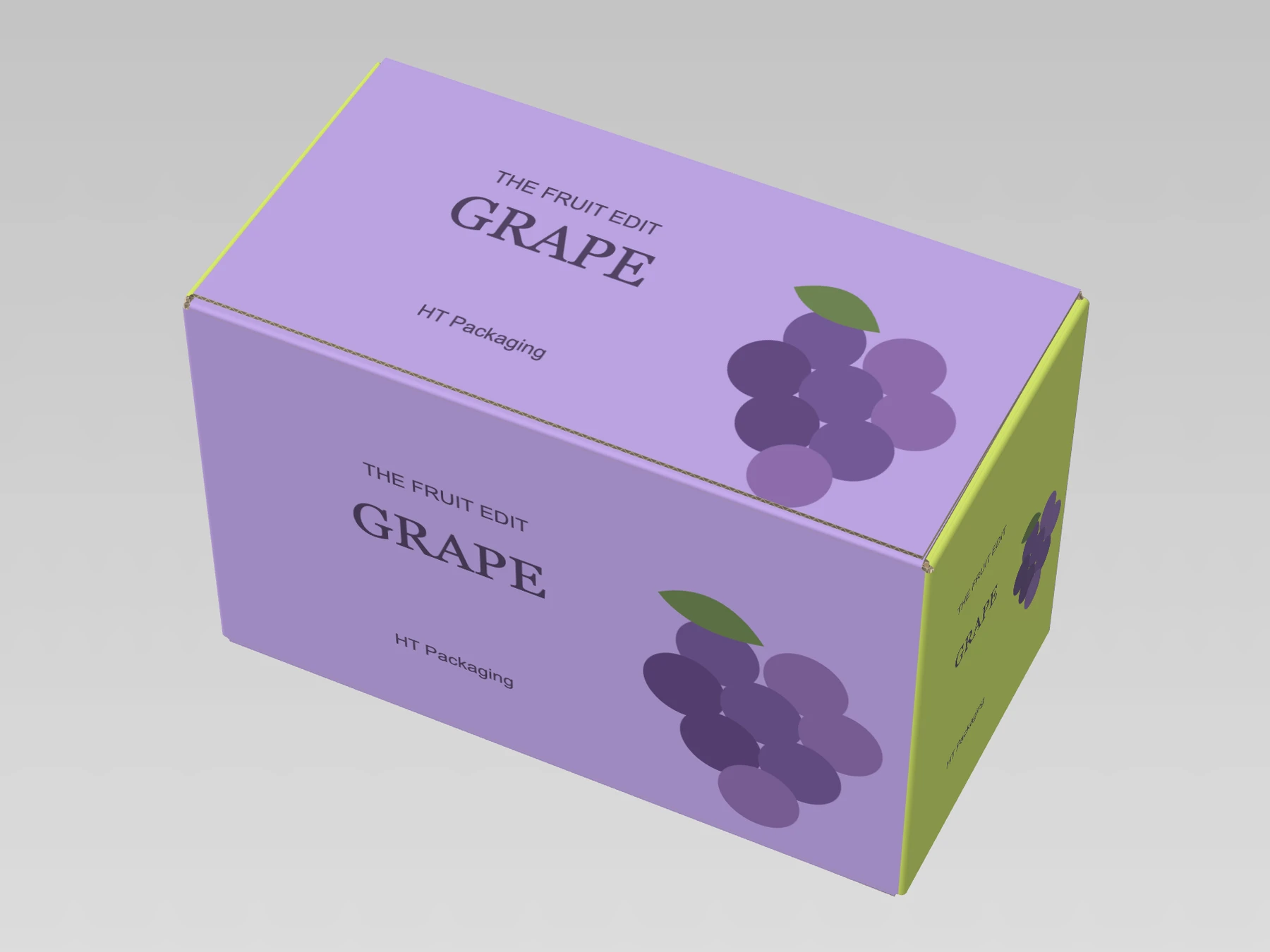 Full-overlap carton, assembled, grape-printed exterior, small HT Packaging text and plain kraft interior