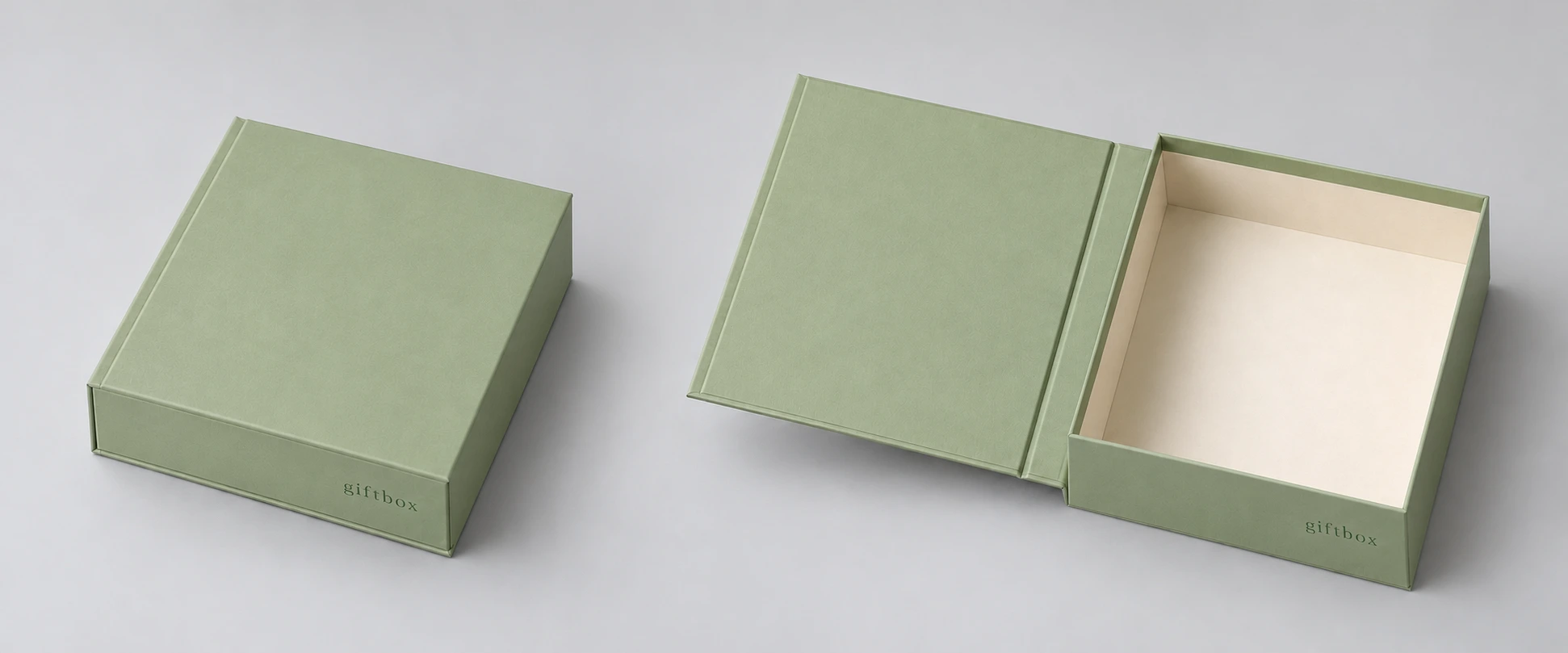 Sage green book-style box with small giftbox lettering