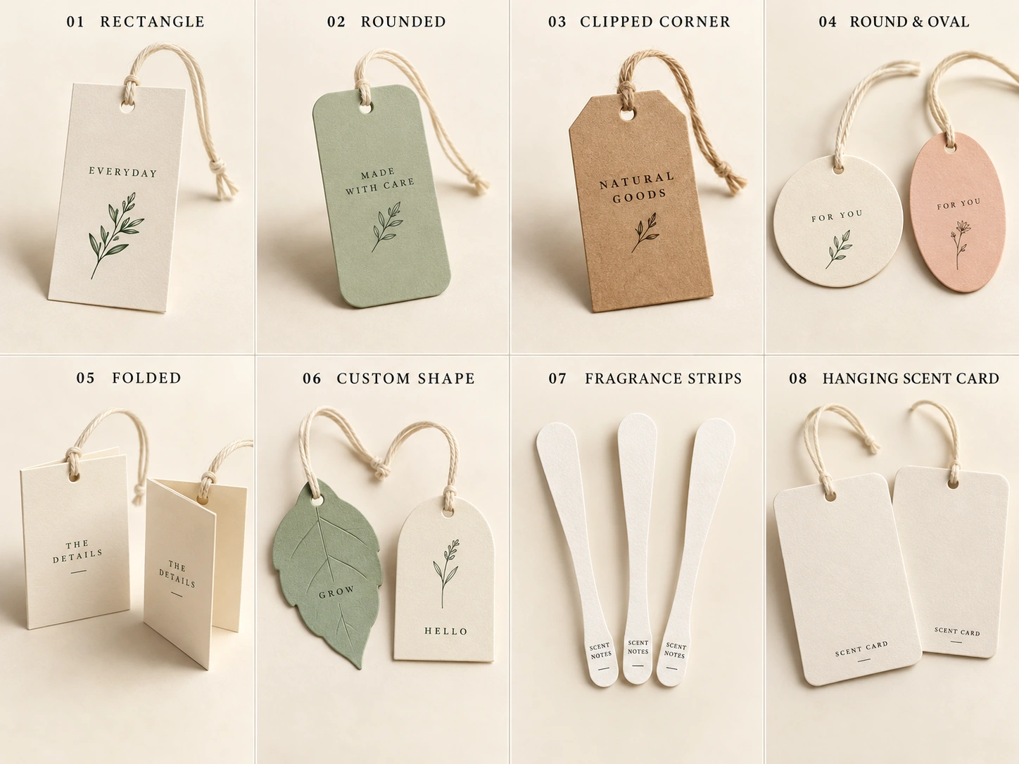 Eight English printed designs: rectangle, rounded, clipped corner, round and oval, folded, custom shape, fragrance strips and hanging scent cards