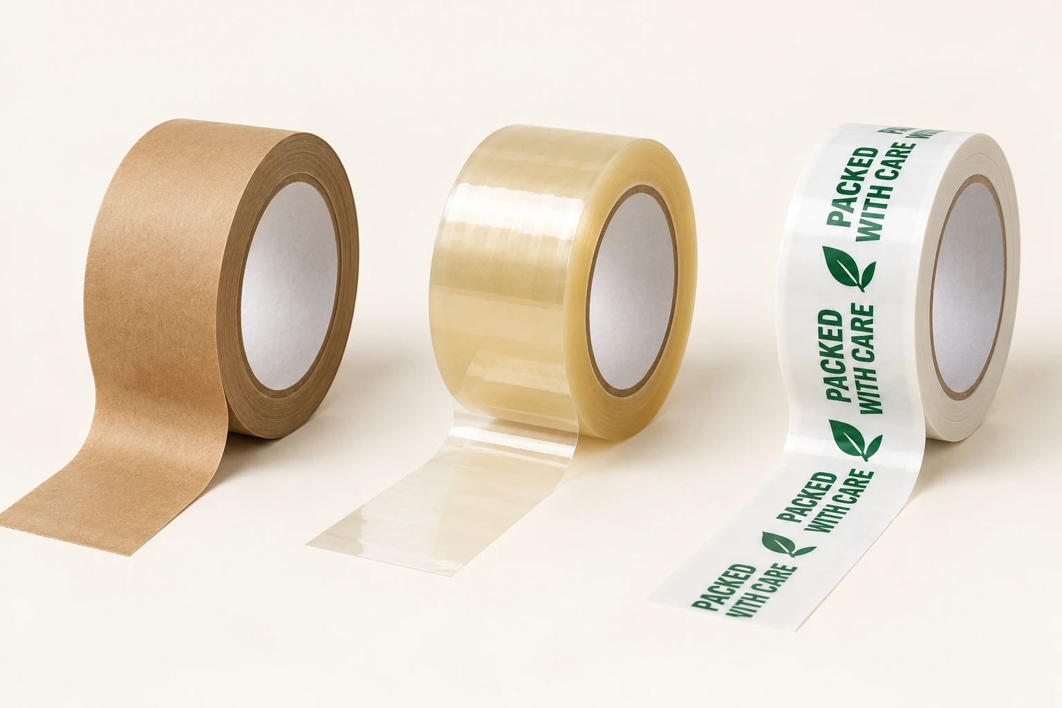 Left: brown kraft paper tape; centre: transparent sealing tape; right: white tape with green PACKED WITH CARE printing